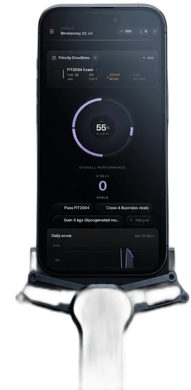 Matteca app on a phone, held in a precision matte-black and dark-blue robotic arm