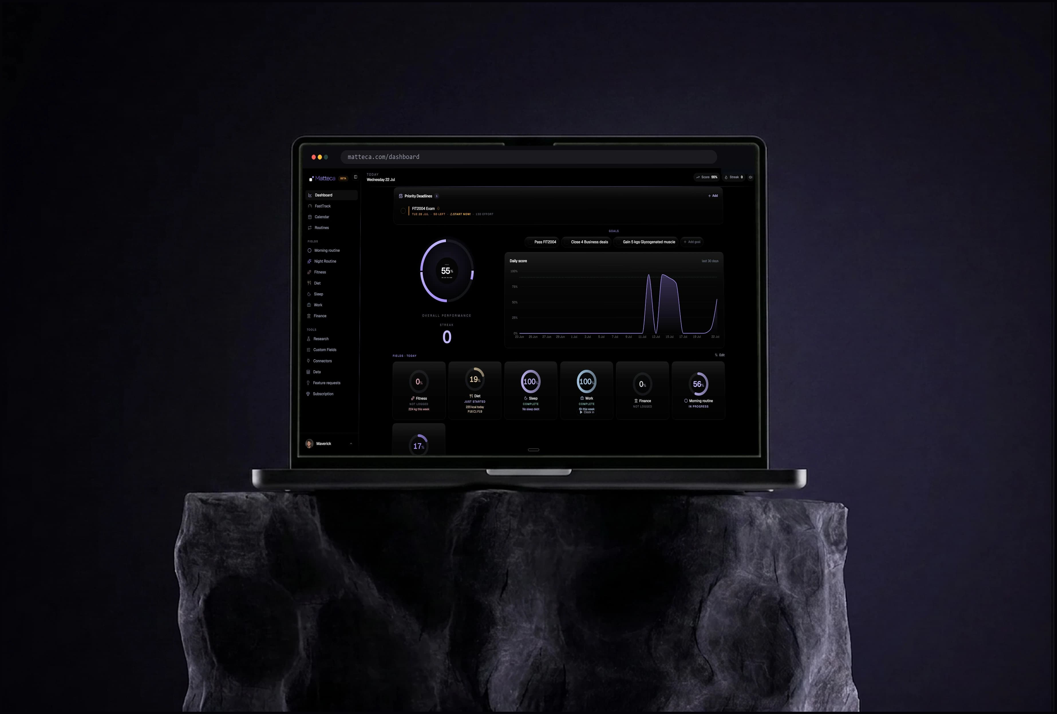 The Matteca dashboard running in a browser on a laptop, resting on a natural wood block