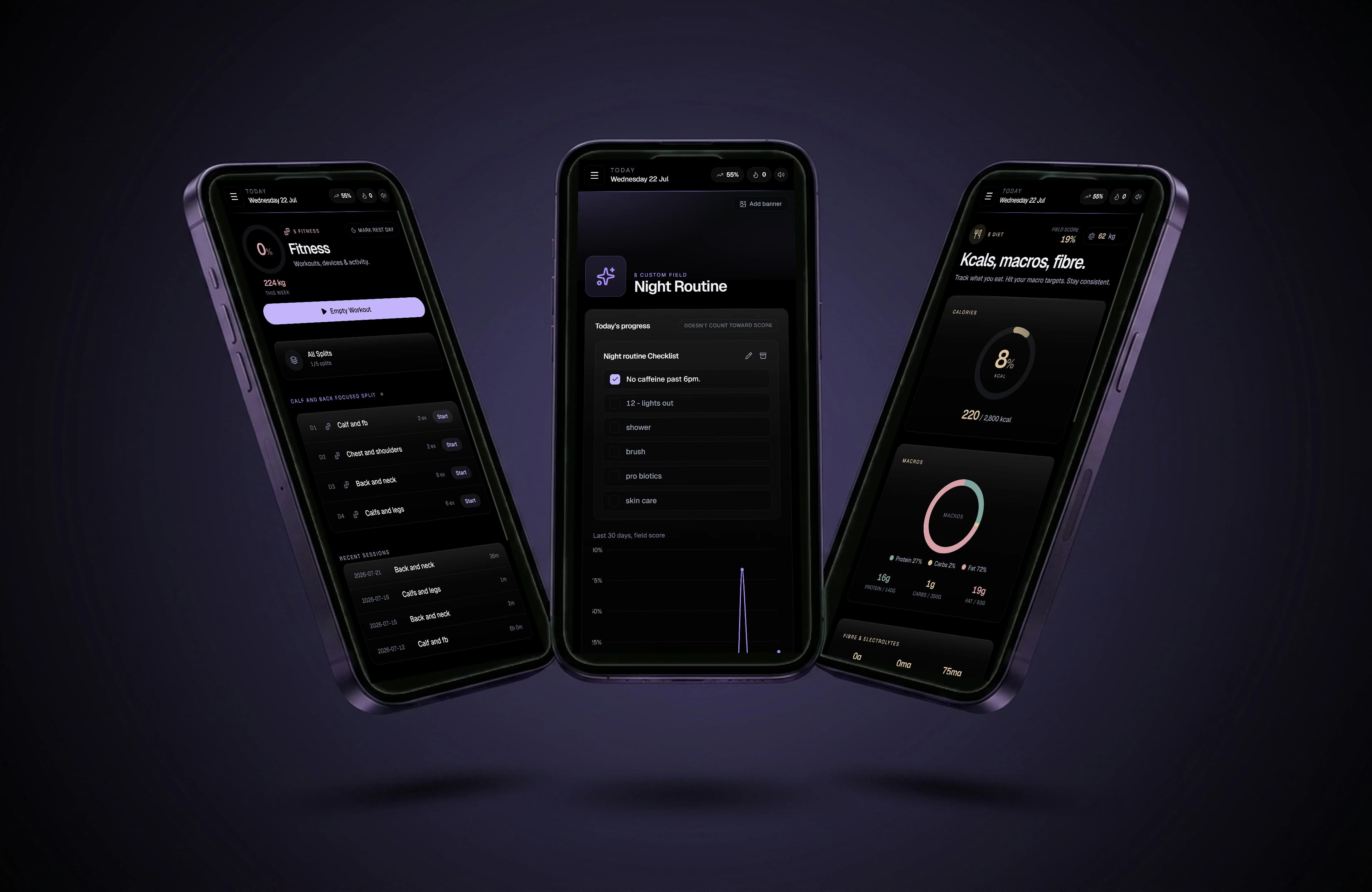 Three iPhones running the Matteca app - fitness, custom fields and diet
